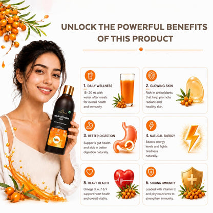 Sea Buckthorn Juice 425ml | Natural Wellness Drink with Vitamin C, Omega 3 6 7 9 & Antioxidants | Sea Buckthorn Ras for Immunity Support, Skin & Hair Wellness, Energy & Digestion | Dark Glass Bottle | No Added Preservatives