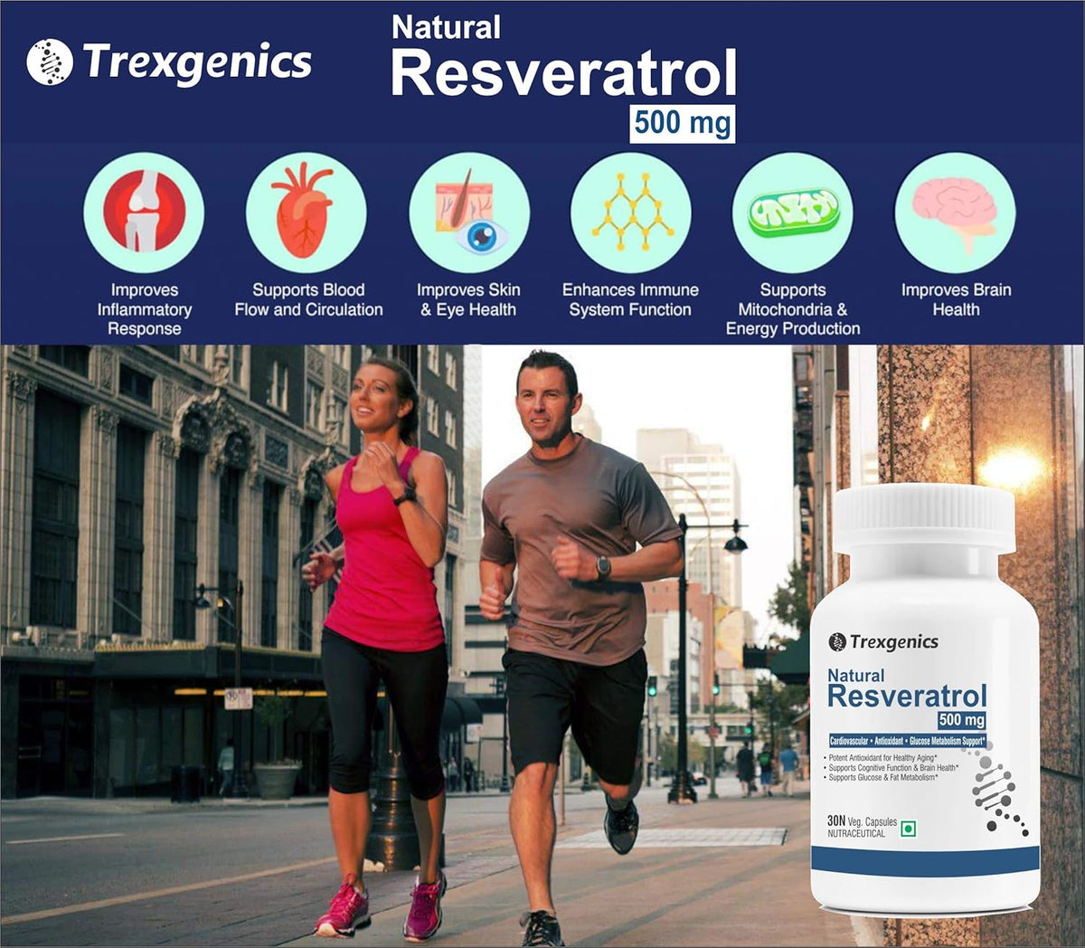 Trexgenics Natural Resveratrol 500 mg supplement bottle with a man and woman running on a city street.