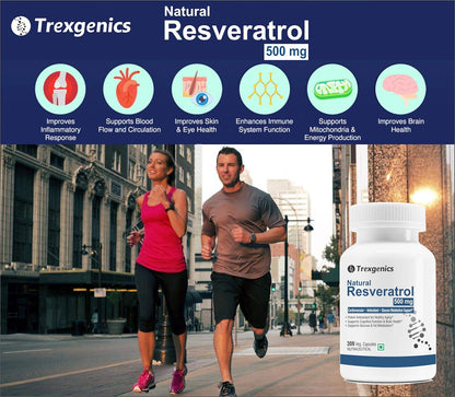 Trexgenics Natural Resveratrol 500 mg supplement bottle with a man and woman running on a city street.