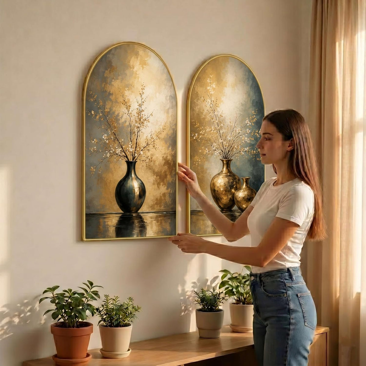 Set of 2 Vase Wall Painting for Living Room, Abstract Floral Modern Artwork, PVC Golden Frame, Arch Shape Wall Decor for Bedroom, Hall, Office & Gift (30 x 32 Inch) RPNL-02-114