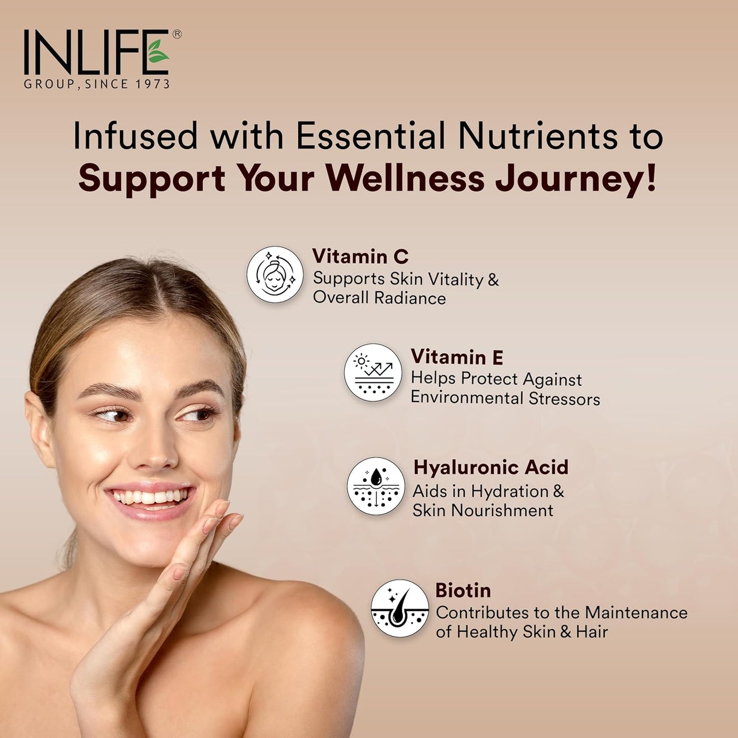 INLIFE Hydrolyzed Marine Collagen Tripeptides Supplement | Vitamin C, E, Biotin & Hyaluronic Acid | For Skin, Hair & Nails,(200g, Orange)