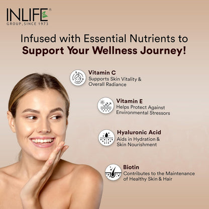 INLIFE Hydrolyzed Marine Collagen Tripeptides Supplement | Vitamin C, E, Biotin & Hyaluronic Acid | For Skin, Hair & Nails,(200g, Orange)