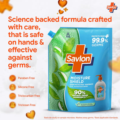 ITC Savlon Moisture Shield Germ Protection Liquid Handwash Refill Pack 1.3L | 99.9% Germ Protection | 90% Natural Origin Ingredients | Family Size Refill Hand wash | Value Pack