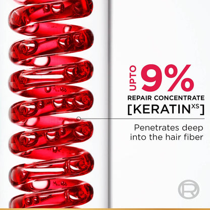 Red hair care product bottles with text about repair concentrate and keratin on a white background