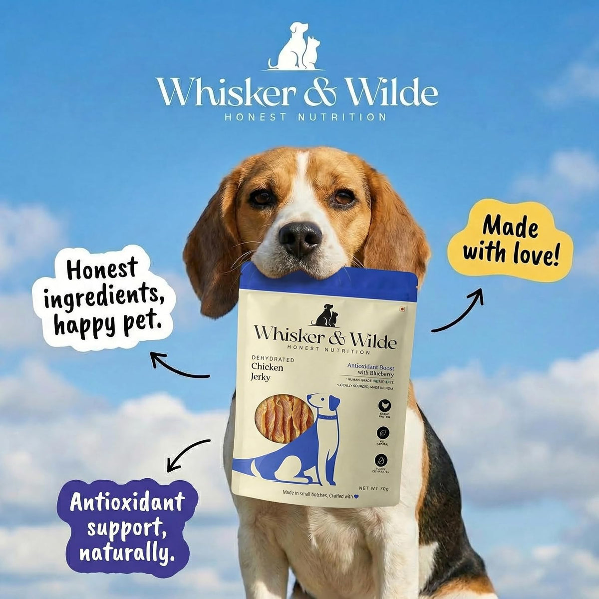 Whisker and Wilde Dehydrated Chicken Jerky | Dog Treats | Antioxidant Boost with Blueberry | Dental Chew | Training and Reward | Human-Grade | No Preservatives | 70g