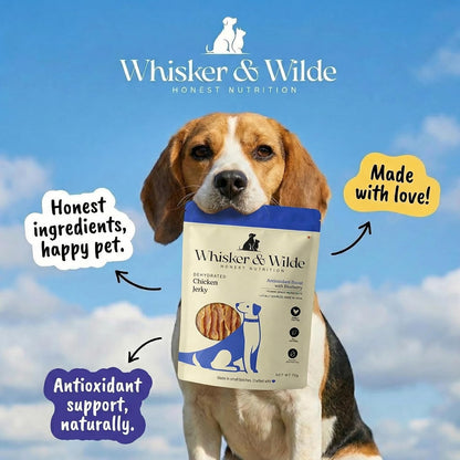 Whisker and Wilde Dehydrated Chicken Jerky | Dog Treats | Antioxidant Boost with Blueberry | Dental Chew | Training and Reward | Human-Grade | No Preservatives | 70g