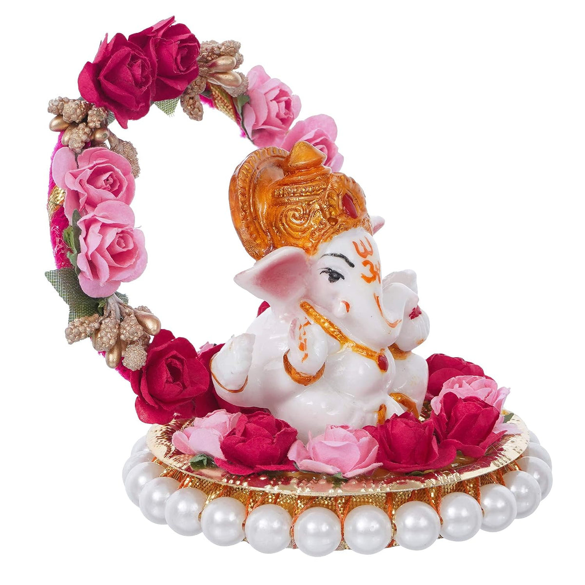 Lord Ganesha Idol on Decorative Handcrafted Plate with Throne of Pink and Red Flowers