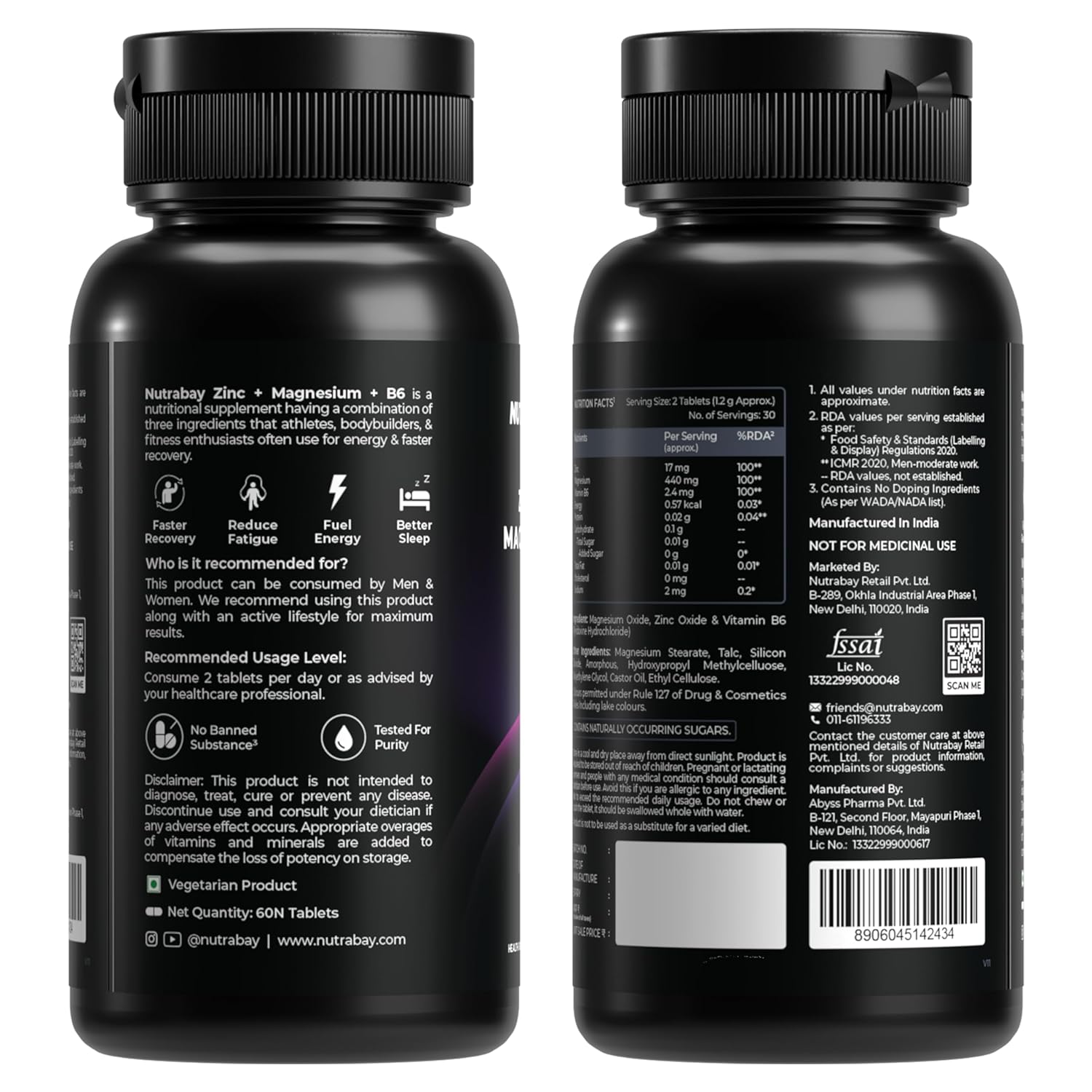 Two black supplement bottles showing their labels on a white background
