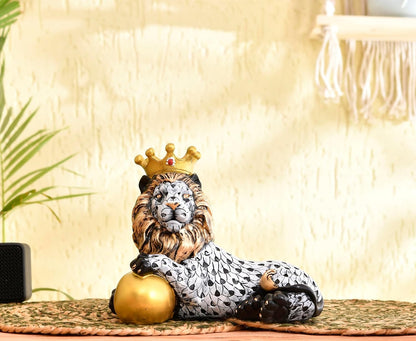Royal Lion Figurine with Gold Crown | Handcrafted Artistic Decor | Elegant Home Accent with Golden Sphere |Black and White Scale Design