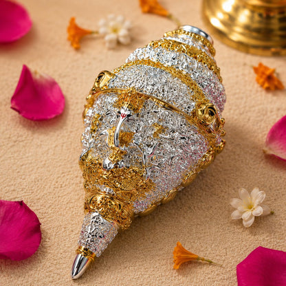 999 Pure Silver Plated & 24K Gold Plated Ganesh Shankh with Velvet Gift Box, 4.7 Inch Ganesha Shankh for Fengshui Vastu Gifts, Wedding Anniversary House Warming Gifts New Home Decor Items