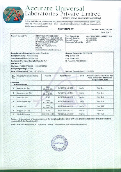 Test report from Accurate Universal Laboratories Private Limited with various chemical analyses.