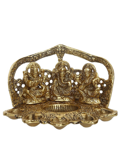 Laxmi Ganesha Saraswati with Diya for 6 Wicks Handcrafted Metal Decorative Showpiece,Gold