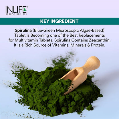 INLIFE Spirulina Tablets 2000 mg (per serving) | Green Superfood Supplement | Nutritional Supplement Protein Fiber Antioxidants - 60 Tablets (Pack of 1, 60's)