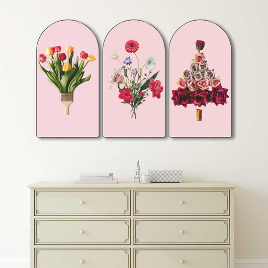 Floral Creative Abstract Wall Art 3 Panel Set | Modern Flower Painting on MDF | Artistic Pink Background Wall Décor for Living Room Bedroom Office Café (30 x 50 Inch) RPNL-79