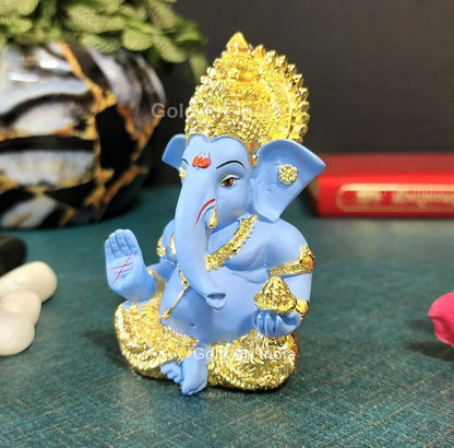 Gold Art India Gold Plated Ganesha with Terracotta Colour - Perfect for Car Dashboards, Office & Home Shelves, Diwali Puja, and Gifting (MukutGoldBlue 3.5"), Idol