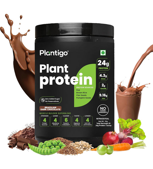 Plantigo Clean Plant Protein Powder | No Preservatives, No Banned Substances |Super Protein Blend- Pea, Brown Rice, Flax, Pumpkin 21SuperFoods Vegan Protein For Men, Women (Brazilian Chocolate - 1 Kg)