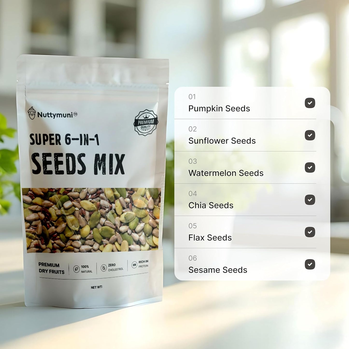Nutty Muni 6-in-1 Seed Mix | Roasted Sunflower, Pumpkin, Watermelon, Flax, Chia & Sesame | Healthy Snack Combo Pack for Weight Loss & Snacking