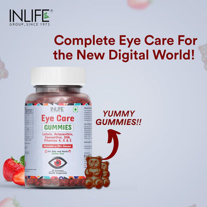 INLIFE Eye Care Gummies for Kids and Adults | Lutein and Zeaxanthin Supplement with Omega 3 Algal DHA, Astaxanthin, Vitamin A, C & E to Support Eye Health - 30 Gummies (Pack of 1)