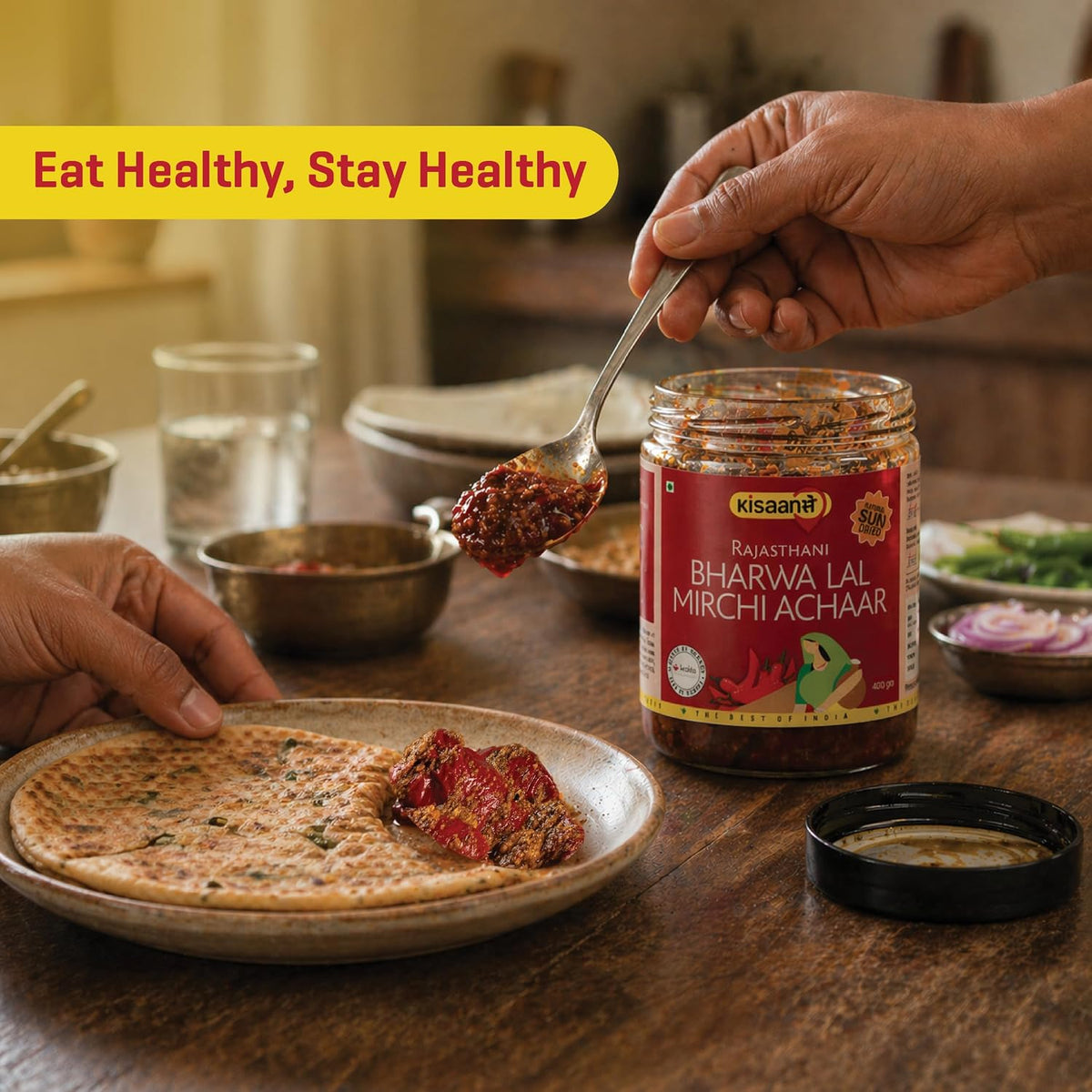 KisaanSay Rajasthani Stuffed Red Chilli Pickle 400GM | Natural Sun Dried | Marwadi Bharwa lal Mirch ka Achar | Spicy Homemade Achaar With Mustard Oil | Teekha Ghar Ka Pickle | No Garlic | No Chemical Preservatives