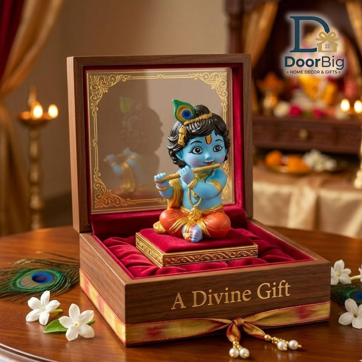DOOR BIG Little Krishna Idol for Car Dashboard | Bal Gopal Laddu Gopal Murti | Cute Baby Krishna Statue for Home Temple, Office Desk & Pooja Room Decor | Resin Showpiece | Janmashtami Gift