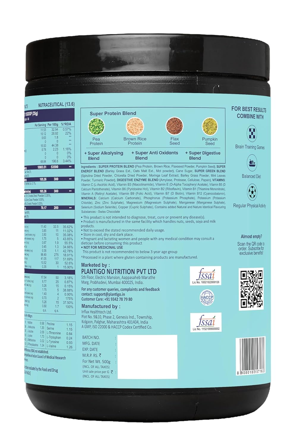 Plantigo Kids Protein 14g, 11 Vitamins, 8 Minerals, Vegan Nutrition Supplement | Muscle, Bone Growth & Brain Health | Plant Based Protein Powder for Kids 10+ years | (Swiss Chocolate Flavor - 500g)