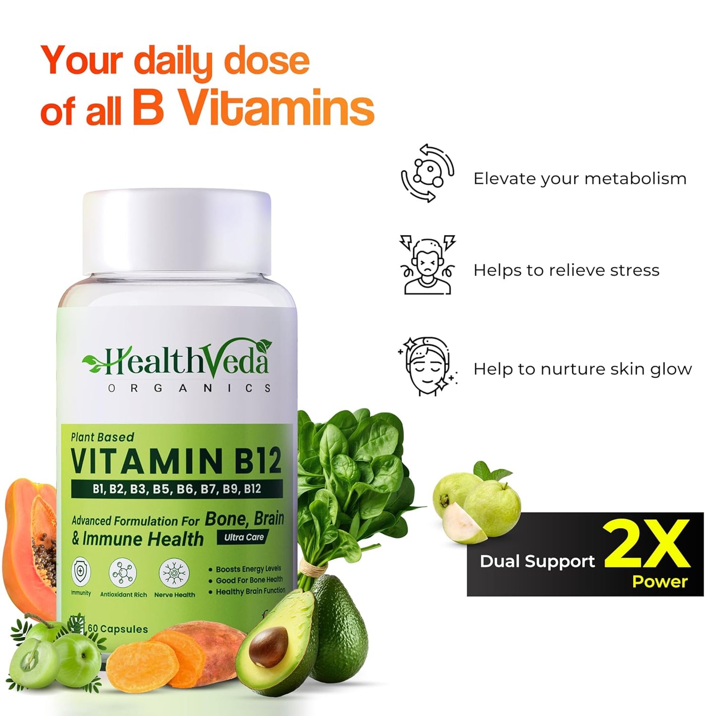 Zephivo HEALTH VEDA ORGANICS PRIVATE LIMITED Plant Based Vitamin B12 Supplement, 60 Veg Capsules, B1, B2, B3, B5, B6, B7, B9, Moringa, Good For Digestion And Nerve Health, Glowing Skin For Men & Women