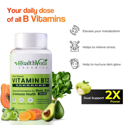 Zephivo HEALTH VEDA ORGANICS PRIVATE LIMITED Plant Based Vitamin B12 Supplement, 60 Veg Capsules, B1, B2, B3, B5, B6, B7, B9, Moringa, Good For Digestion And Nerve Health, Glowing Skin For Men & Women