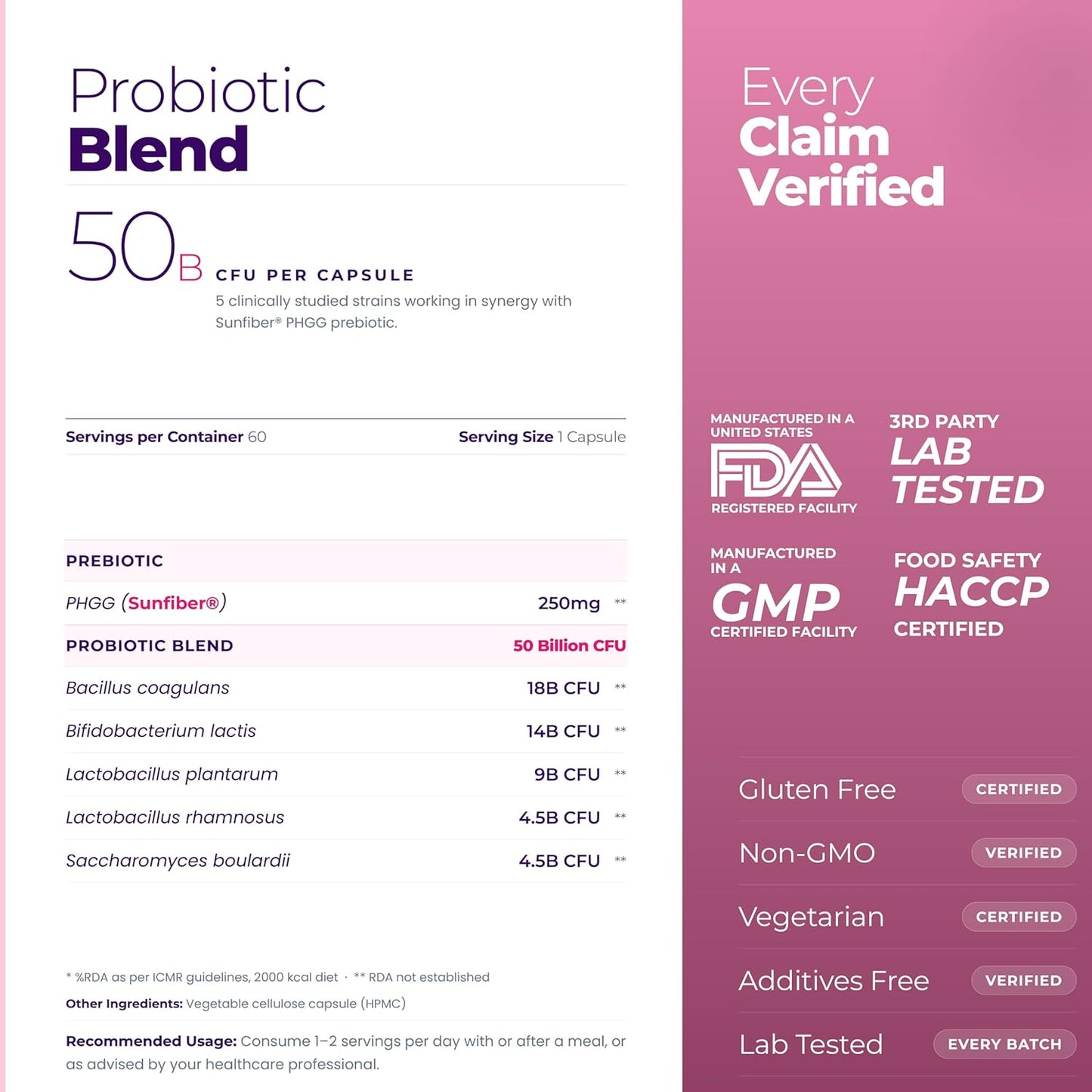Tealed Probiotic 50 Billion CFU | 5 Targated Strains + Sunfiber® (PHGG) | Japanese Clinical Prebiotic | Supports Constipation, IBS, Immunity, Gut Health & Bloating | For Men & Women | 60 Veg Caps
