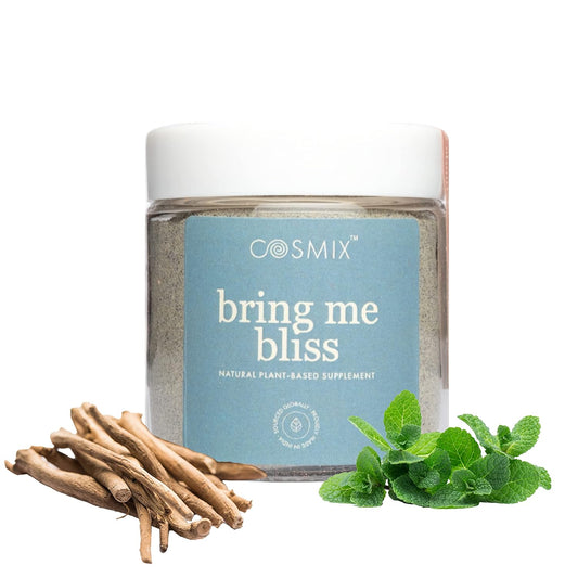 Cosmix 'bring me bliss' natural plant-based supplement jar with herbs on a white background