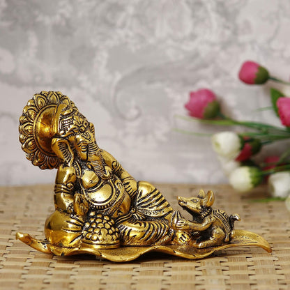 Golden Metal Lord Ganesha Statue Sitting On a Leaf with Mouse | Ganesha Idol for Home Decor Car Dashboard | Ganpati Murti Gift for Diwali Housewarming