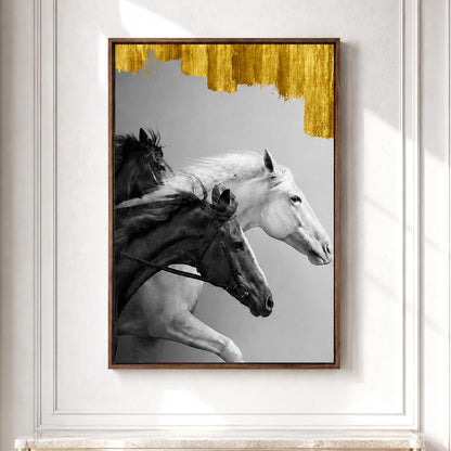 Running Horse Canvas Wall Art Painting With Frame For Living Room Black & White Running Horse Vastu Inspired Framed Wall Art Painting For Home, Office, Size 17x23 Inch