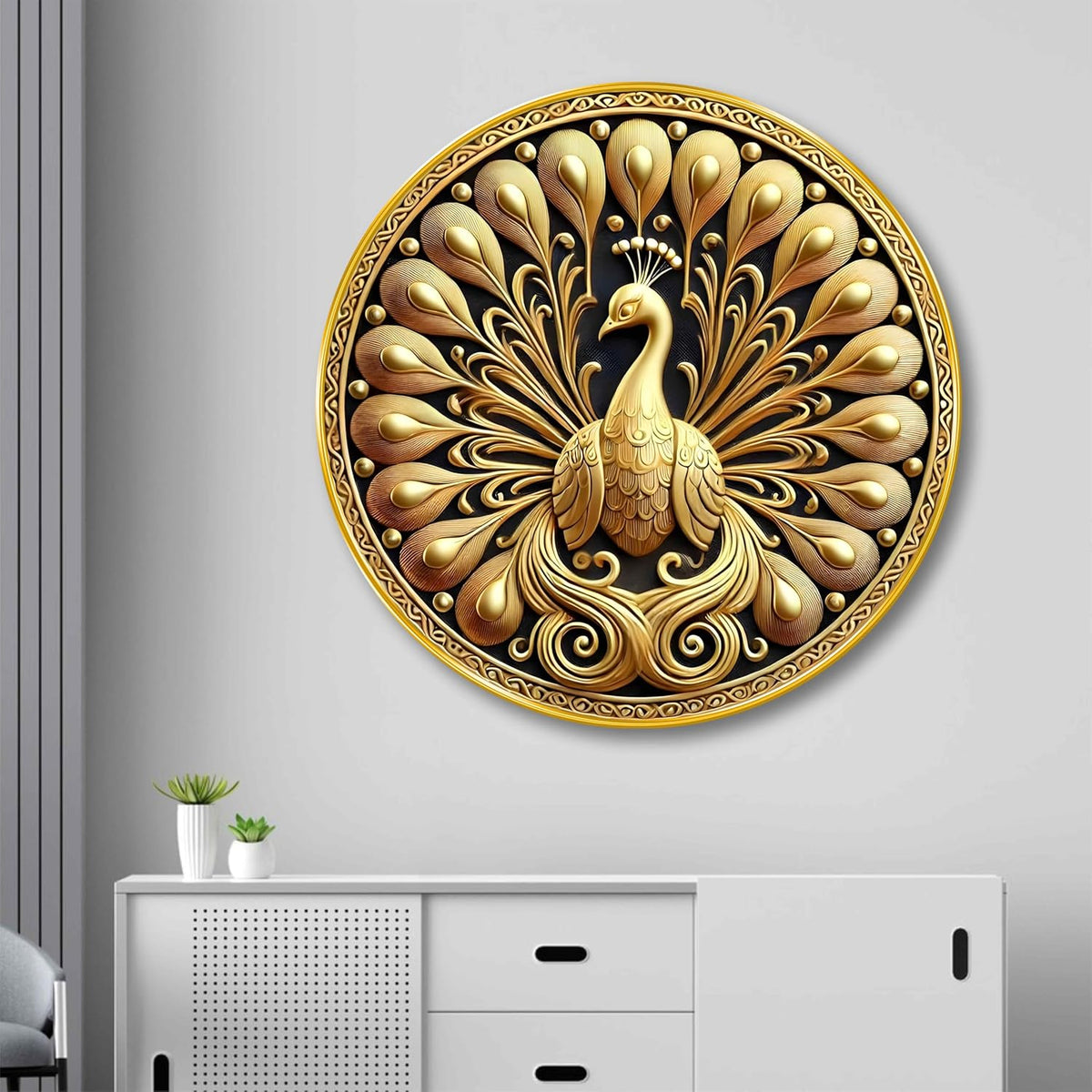 Golden Peacock Round Wall Art | 3D Embossed MDF Panel with Metallic Finish | Luxurious Home & Office Wall Decor | Elegant Artistic Frame for Living Room, Bedroom & Gift Purpose 12 Inch x 12 Inch
