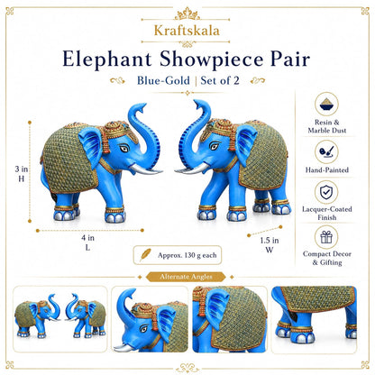 Blue Gold Mini Elephant Showpiece Pair, Car Dashboard, 3 Inch