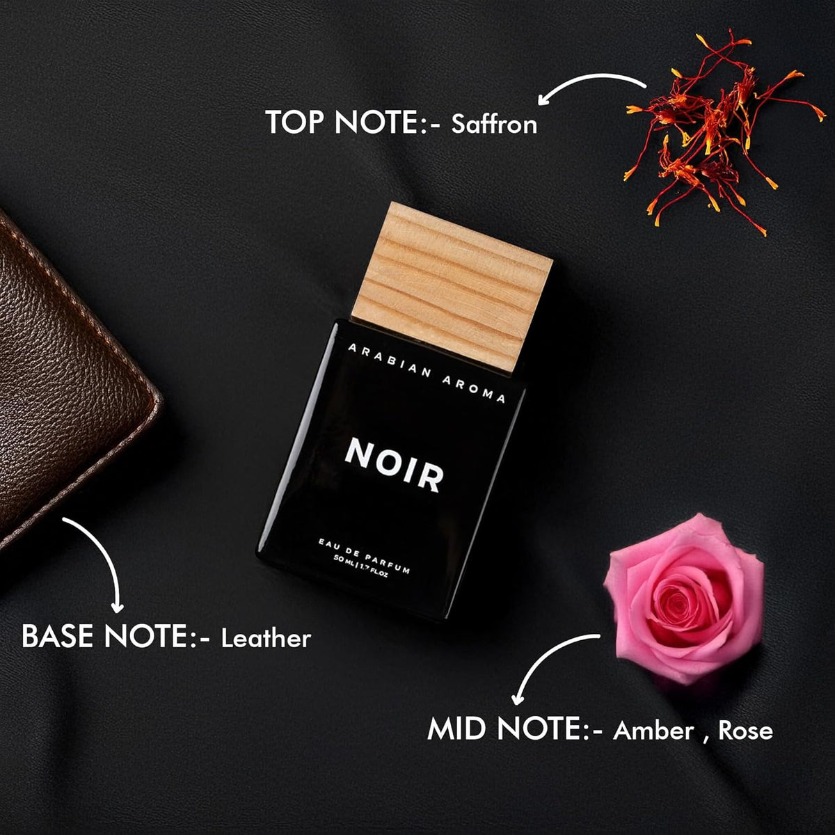 Perfume bottle labeled 'Noir' with saffron, leather, amber, and rose elements on a dark background
