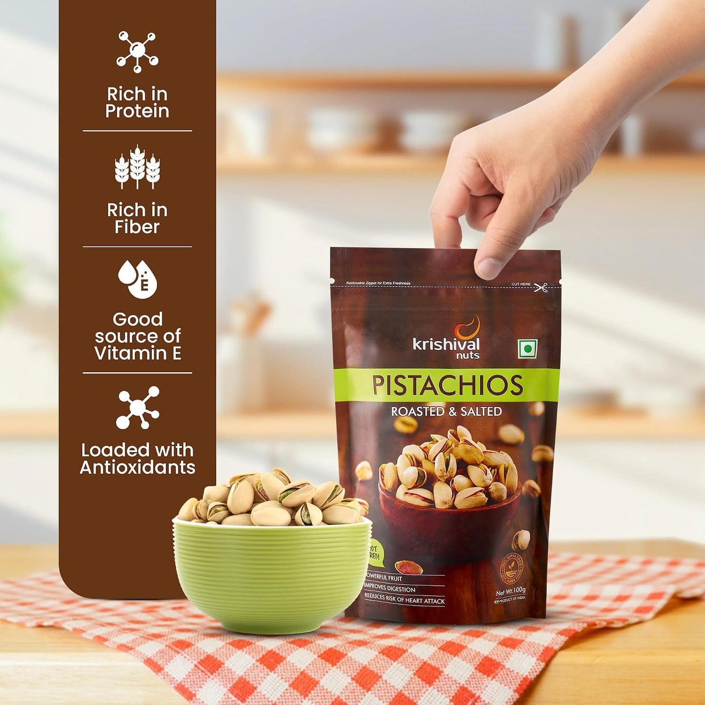 Krishival Nuts Roasted & Salted Pistachios 100g (Pack of 1) | Crunchy Pista Dry Fruit | Protein-Rich Snack | Gluten-Free & Low Calorie | Vegan | Healthy Munching Option