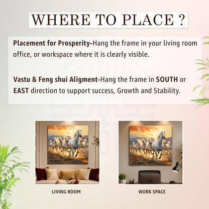 7 White Running Horses Wall Art Painting For Living Room, Abstract Vastu Seven Horses Painting For Wall, Stretched Canvas Decoration item for bedroom, 16x22 Inch