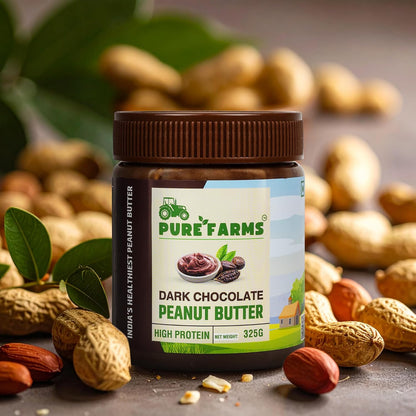 PURE FARMS Dark Chocolate Peanut Butter | Crunchy Chocolate Peanut Butter Spread | 22g Protein, Pure Cocoa | 80% Roasted Peanuts, No Hydrogenated Oil