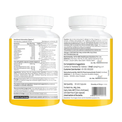 Tata 1mg Salmon 4X Omega | Omega-3 Fish Oil for Heart, Eye & Brain Health | 2000 mg Salmon Fish Oil, 720 mg EPA, 480 mg DHA | 60 Capsules