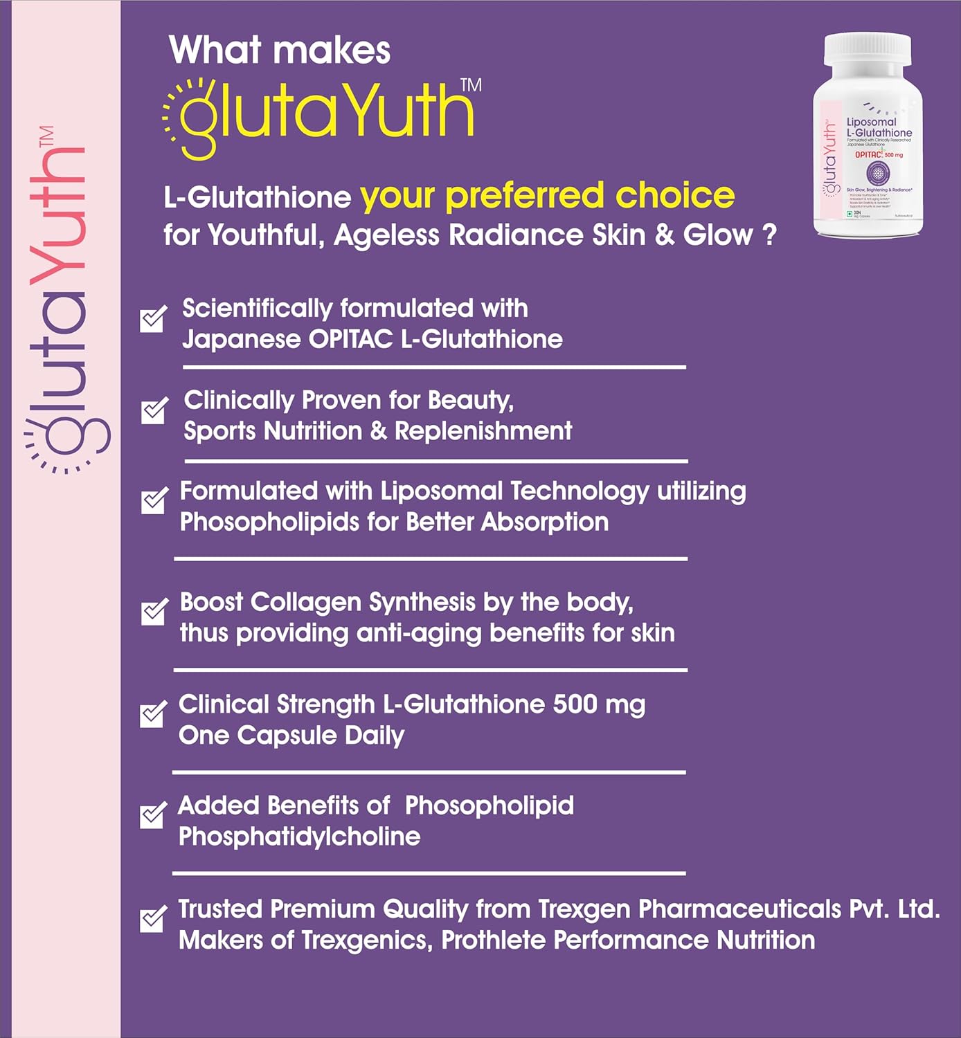 Promotional graphic for GlutaYuth L-Glutathione with product details on a purple background