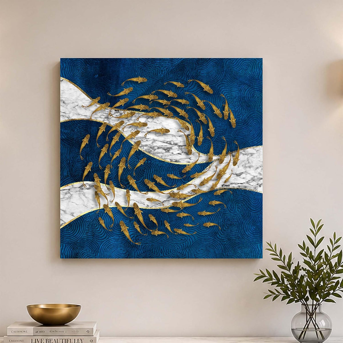 Nordic Moon Fish Stretched Canvas Painting for Living Room | Abstract Ocean Wildlife Wall Décor Art For Livingroom, Bedroom, Office, Hallways - 16x16 Inch