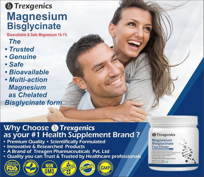 Advertisement for Trexegenics Magnesium Bisglycinate with a couple embracing and a supplement container.