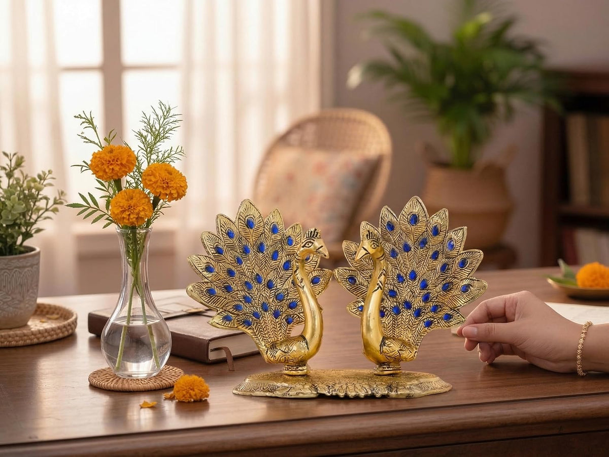 Double Peacock Metal Statue, Lovers Peacock Couple, Animal Showpiece Figurines, Feng Shui as Table Top Figurine for Living Room, Office, Bedroom, Decorative