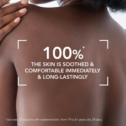 Close-up of a person's back with text claiming 100% skin soothed and comfortable immediately & long-lasting.