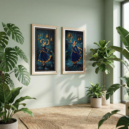 Classical Indian Dance Wall Art Set of 2 Frames Prints | Traditional Bharatanatyam Kathak Dance Framed Painting, Peacock & Temple Theme Artwork Frame| Premium Cultural Wall Decor for Living Room Bedroom Office Home (Art-5, 10x19inch, Wooden)