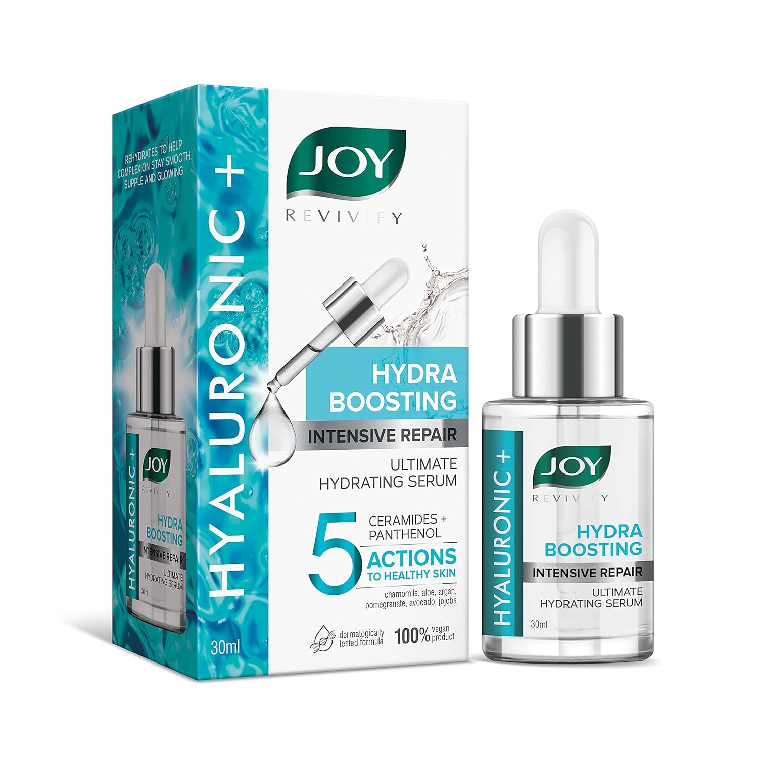 JOY Revivify Hyaluronic+ serum packaging and bottle on a white background
