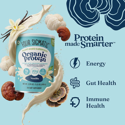 Four Sigmatic Organic Protein container with vanilla flavor on a light blue background