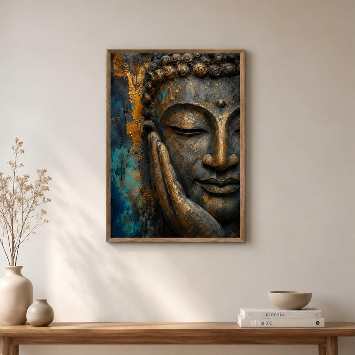 Buddha Face Wall Painting for Living Room Bedroom Hall Office Decor, Peaceful Spiritual Artwork with Sparkle Laminate and Premium Wooden Synthetic Frame (13.5 x 19.5 Inch) NM01-4097