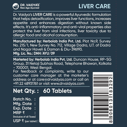 Dr. Vaidya Liver Care Tablets | Ayurvedic Fatty Liver Support, Detox & Cleanse | Improves Liver Health, Digestion & Metabolism | Herbal Supplement with Ayurvedic Herbs | 60 Tablets