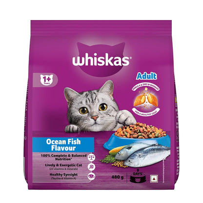 Whiskas Adult (1+ Years) Dry Cat Food, Ocean Fish Flavour, 480 g, Contains 41 Essential Nutrients, Complete & Balanced Nutrition for Adult Cats