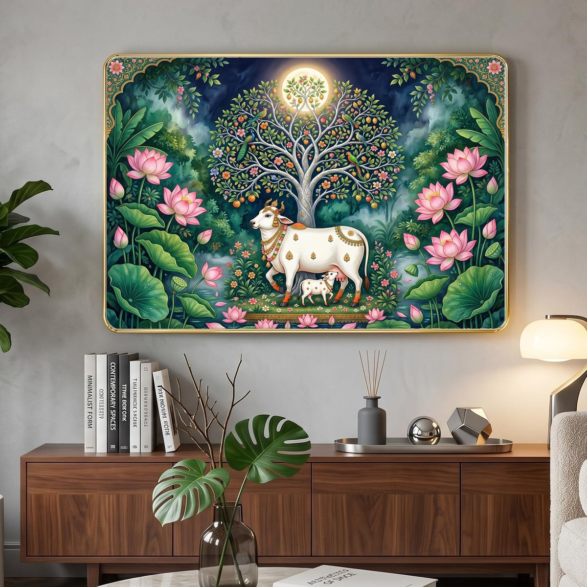 Kamdhenu Cow with Calf Under Kalpavriksha Tree Wall Painting for Living Room Bedroom | Pichwai Style Wooden Golden Stripe Framed Wall Decor (12x18 inch)
